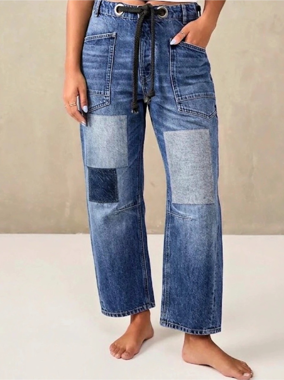 NWOT Patchwork High Rise Barrel Jeans Womens S 27 Blue Denim Wide Leg Patch Rope